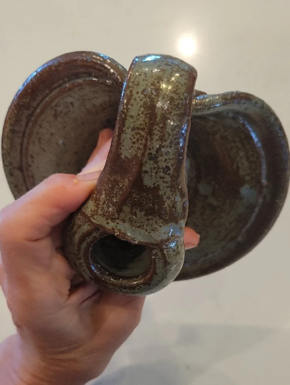 Vintage Hamdmade Speckled Sage Green Ceramic Chamberstick Candle Holder
